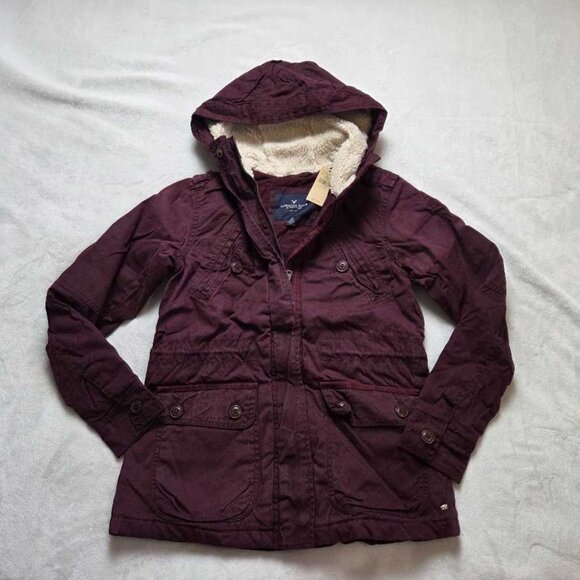 New XXS American Eagle hooded waxed cotton parka in Burgundy - Picture 3 of 8